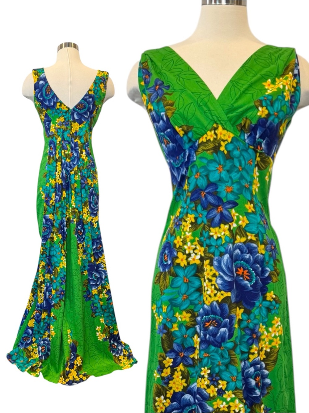 Vintage Hawaiian Togs Blue Floral Print Pleated Train Hem 60s Maxi Gown Dress 12